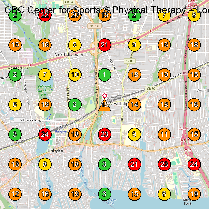 CBC Center for Sports & Physical Therapy Physical Therapy Clinic GeoGrid ranking map for Babylon NY